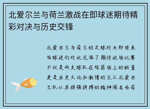 北爱尔兰与荷兰激战在即球迷期待精彩对决与历史交锋